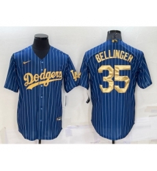 Men's Los Angeles Dodgers #35 Cody Bellinger Navy Blue Gold Pinstripe Stitched MLB Cool Base Nike Jersey