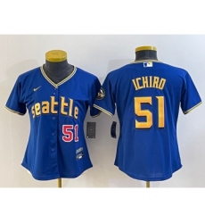 Women's Seattle Mariners #51 Ichiro Suzuki Number Blue 2023 City Connect Cool Base Stitched Jersey1