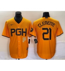 Men's Nike Pittsburgh Pirates #21 Roberto Clemente Gold 2023 City Connect Stitched Jersey 1