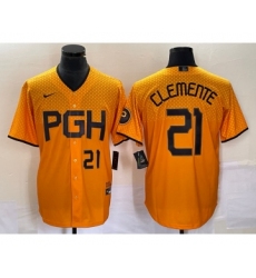 Men's Nike Pittsburgh Pirates #21 Roberto Clemente Number Gold 2023 City Connect Stitched Jersey1