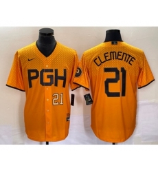 Men's Nike Pittsburgh Pirates #21 Roberto Clemente Number Gold 2023 City Connect Stitched Jersey2