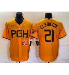 Men's Nike Pittsburgh Pirates #21 Roberto Clemente Number Gold 2023 City Connect Stitched Jersey