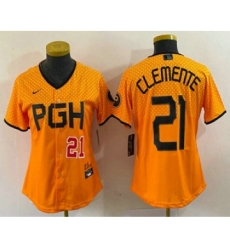 Women's Pittsburgh Pirates #21 Roberto Clemente Number Yellow 2023 City Connect Stitched Jersey1