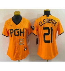 Women's Pittsburgh Pirates #21 Roberto Clemente Number Yellow 2023 City Connect Stitched Jersey2