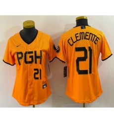 Women's Pittsburgh Pirates #21 Roberto Clemente Number Yellow 2023 City Connect Stitched Jersey