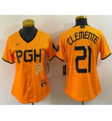 Women's Pittsburgh Pirates #21 Roberto Clemente Yellow 2023 City Connect Stitched Jersey1