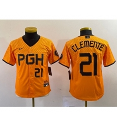 Youth Nike Pittsburgh Pirates #21 Roberto Clemente Number Yellow 2023 City Connect Stitched Jersey2