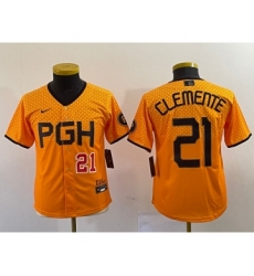 Youth Nike Pittsburgh Pirates #21 Roberto Clemente Number Yellow 2023 City Connect Stitched Jersey