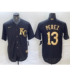 Men's Kansas City Royals #13 Salvador Perez Black Gold Cool Base Stitched Jersey