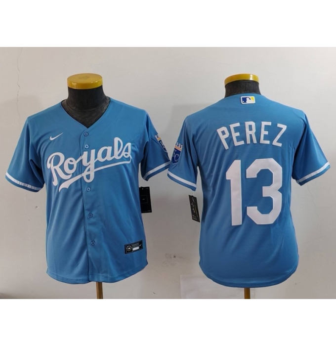 Youth Kansas City Royals #13 Salvador Perez Light Blue Cool Base Stitched Jersey