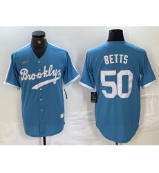 Men's Brooklyn Dodgers #50 Mookie Betts Light Blue Cooperstown Collection Cool Base Jersey