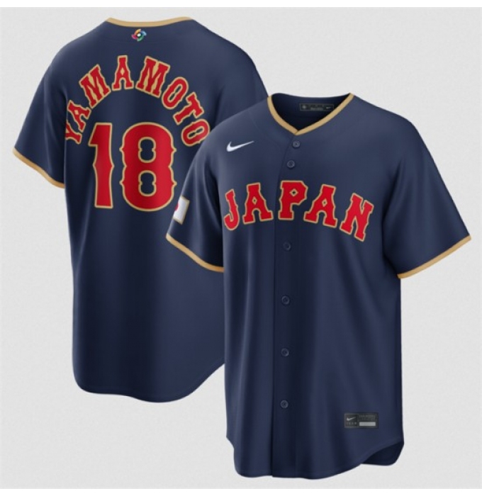 Men's Japan Baseball #18 Yoshinobu Yamamoto Navy 2026 World Baseball Classic Road Stadium Stitched Jersey