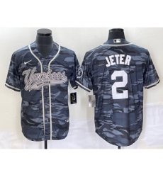 Men's New York Yankees #2 Derek Jeter Grey Camo Cool Base Stitched Baseball Jersey