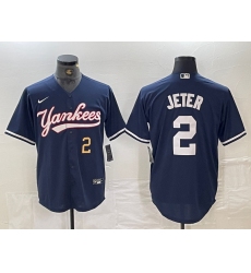 Men's New York Yankees #2 Derek Jeter Number Navy Cool Base Stitched Baseball Jersey