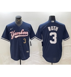 Men's New York Yankees #3 Babe Ruth Number Navy Cool Base Stitched Baseball Jersey