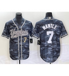 Men's New York Yankees #7 Mickey Mantle Number Grey Camo Cool Base Stitched Baseball Jersey