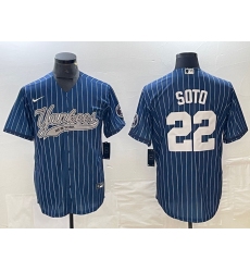 Men's New York Yankees #22 Juan Soto Blue Pinstripe Cool Base Stitched Baseball Jersey