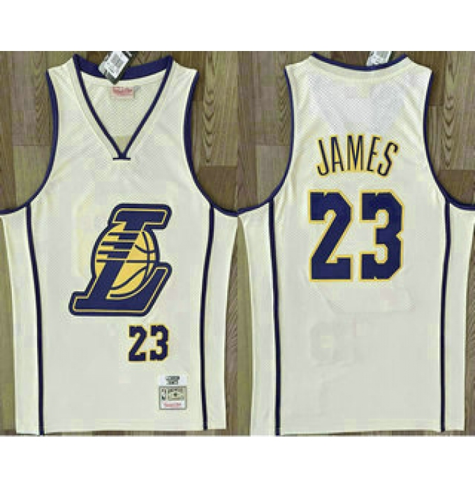 Men's Los Angeles Lakers #23 Lebron James Cream Throwback Swingman Jersey