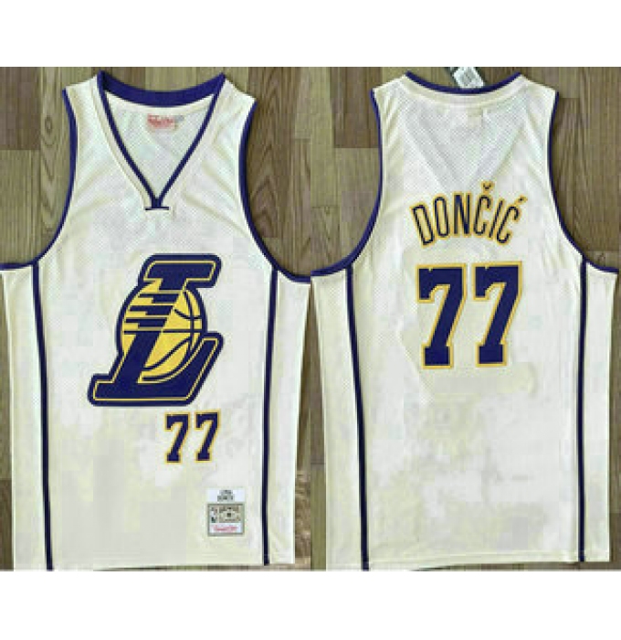 Men's Los Angeles Lakers #77 Luka Doncic Cream Throwback Swingman Jersey