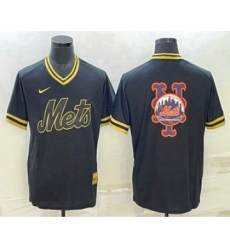 Men's New York Mets Big Logo Black Gold Nike Cooperstown Legend V Neck Jersey