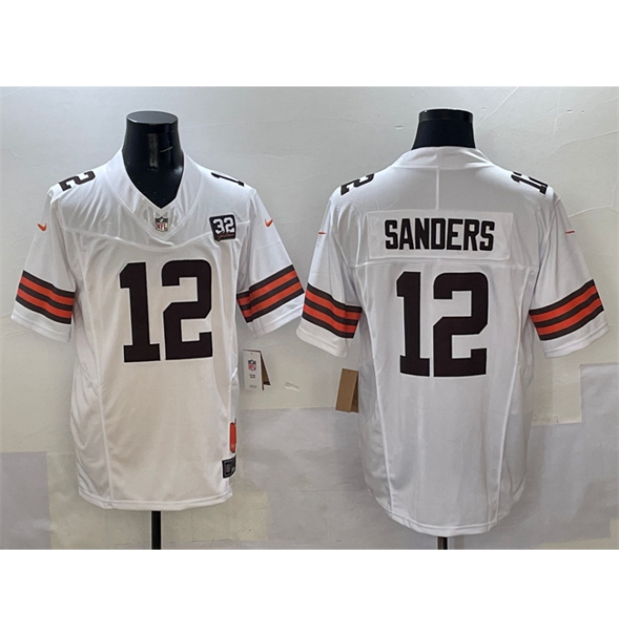 Men's Cleveland Browns #12 Shedeur Sanders White 2025 Draft F.U.S.E. With Jim Brown Memorial & Home Vapor Limited Football Stitched Jersey
