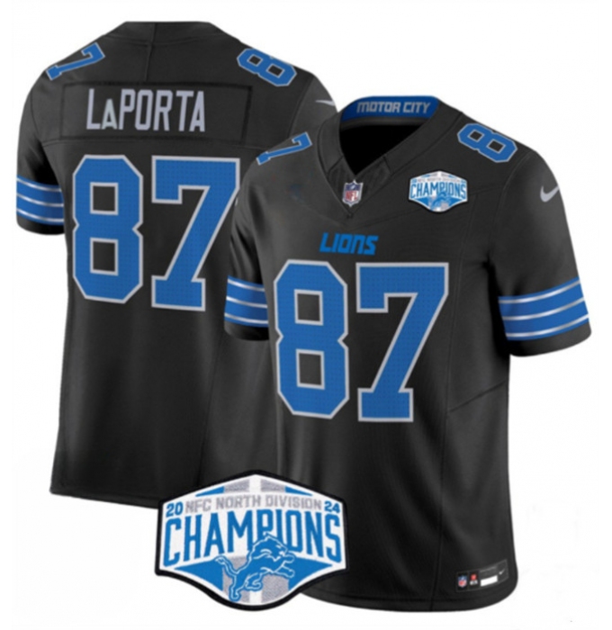 Men's Detroit Lions #87 Sam LaPorta Black 2024 NFC North Champions F.U.S.E. Vapor Limited Stitched Jersey