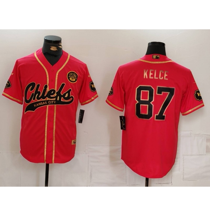 Men's Kansas City Chiefs #87 Travis Kelce Red Gold Cool Base Stitched Baseball Jersey