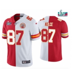 Men’s Kansas City Chiefs #87 Travis Kelce Red & White Split Super Bowl LVII Patch Limited Stitched Jersey